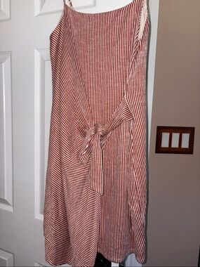 All in Favor Rust and White Striped Tie-Front Midi Dress